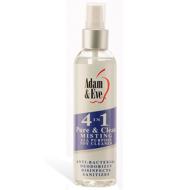 Adam & Eve 4 In 1 Pure & Clean - Misting All Purpose Toy Cleaner - 118 ml Bottle on display for sanitizing toys.
