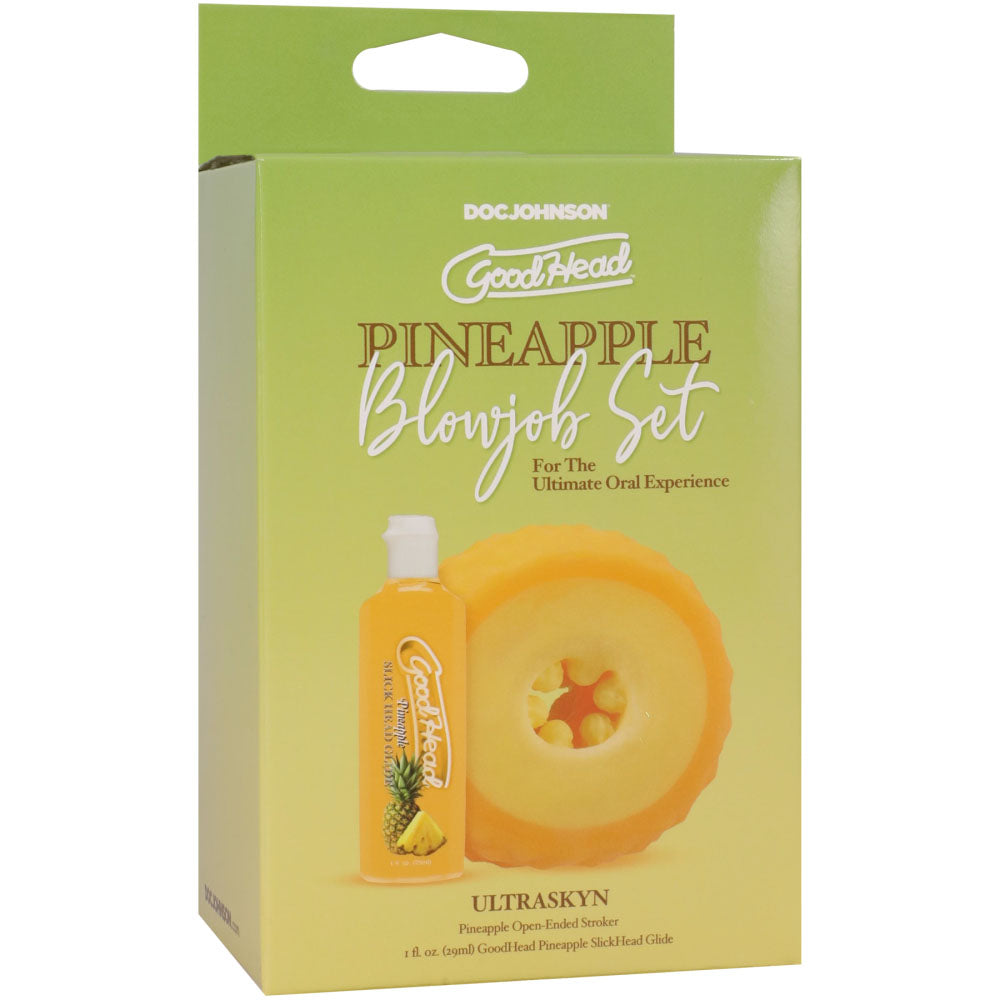 GoodHead Pineapple Blowjob Set - Pineapple Stroker with Pineapple Flavoured Lubricant 30 ml Bottle packaging and contents.