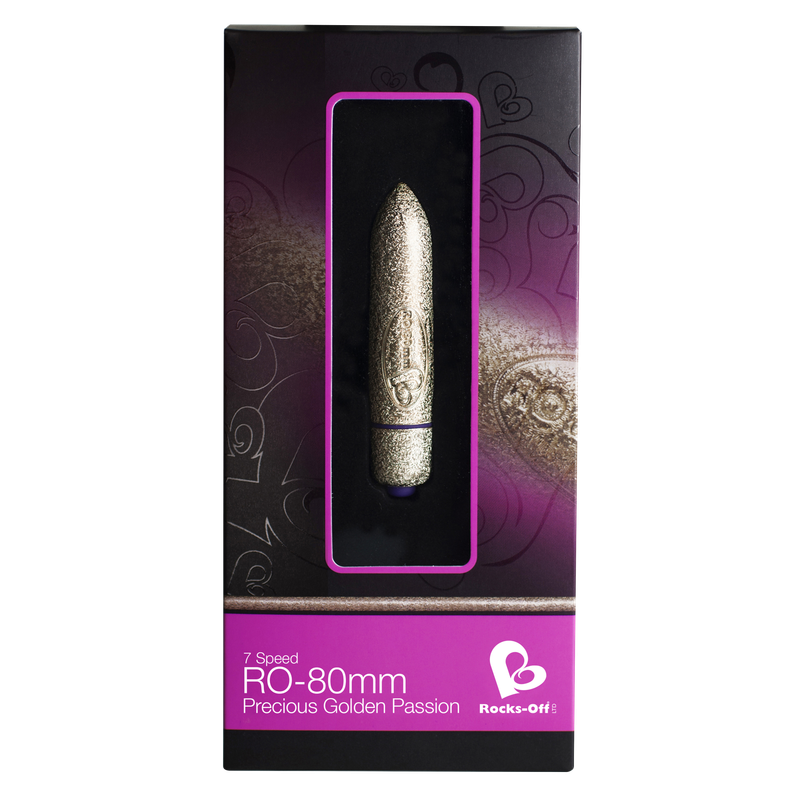 RO-80mm 7 Speed Precious Rose Gold Vibrating Bullet packaging showcasing a luxurious design.