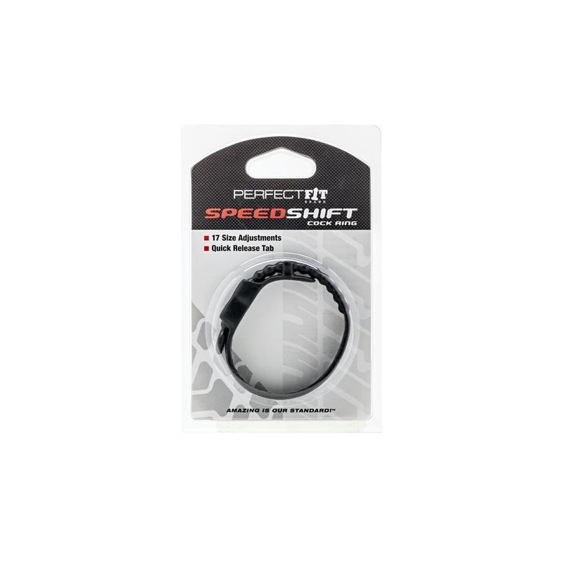 Speed Shift Black cock ring packaging showing adjustable quick release tab and size options.