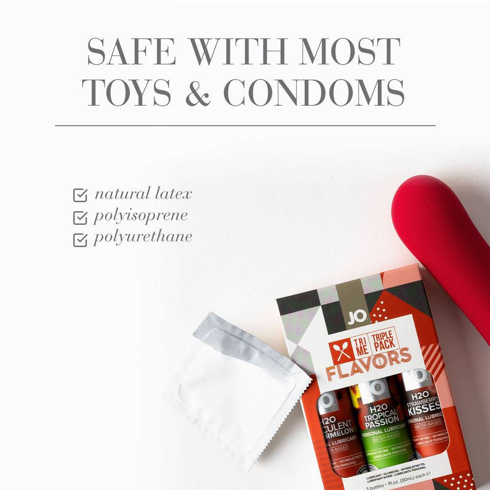JO Tri-Me Triple Pack Flavours Gift Set - Strawberry, Watermelon and Tropic Passion Flavoured Lubes - 3 Pack with a red vibrator.