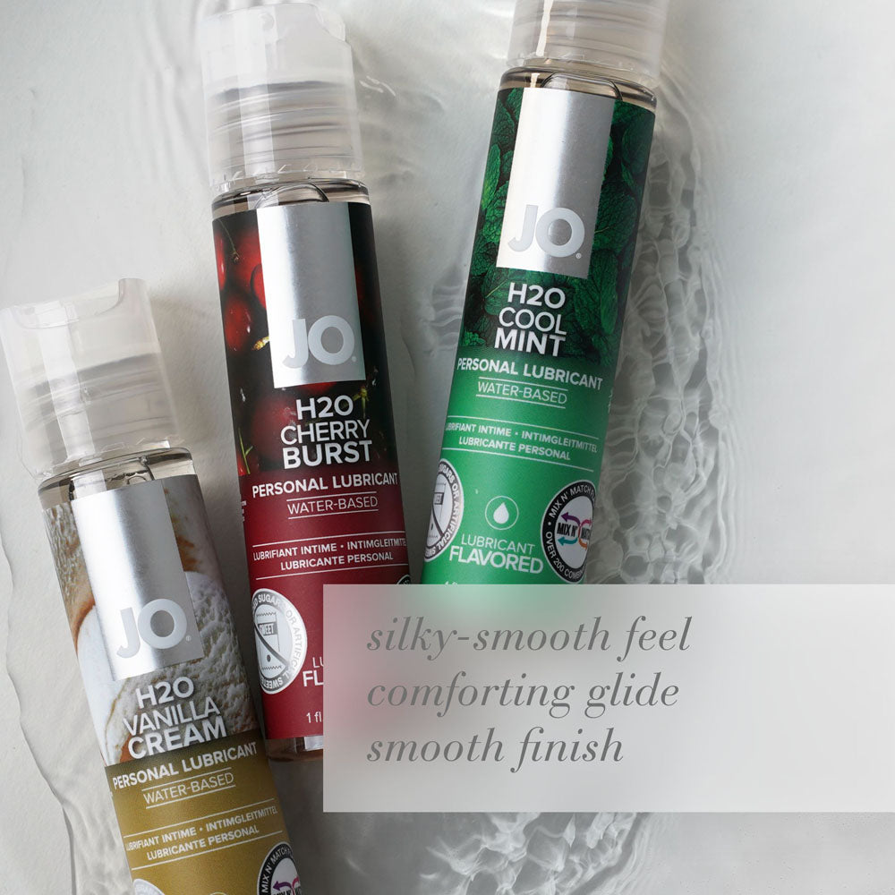 JO H2O Cherry Burst Lube - 30 mL - Cherry Flavoured Water Based Lubricant - 30 ml Bottle among other flavoured lubricants for intimate use.