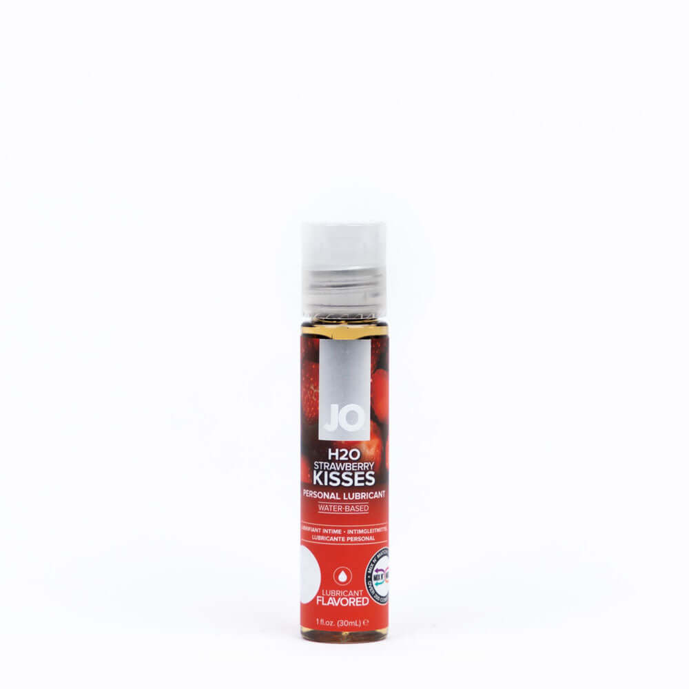 JO H2O Strawberry Kisses Lube - 30 mL bottle of strawberry flavored lubricant for playful exploration.