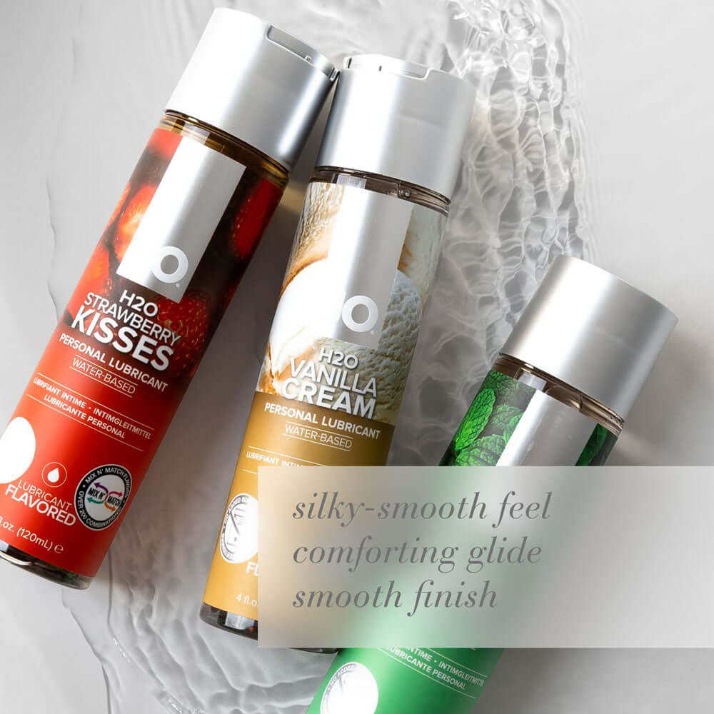 JO H2O Strawberry Kisses lube, vanilla cream, and mint lubricant bottles - strawberry flavored lubricant.