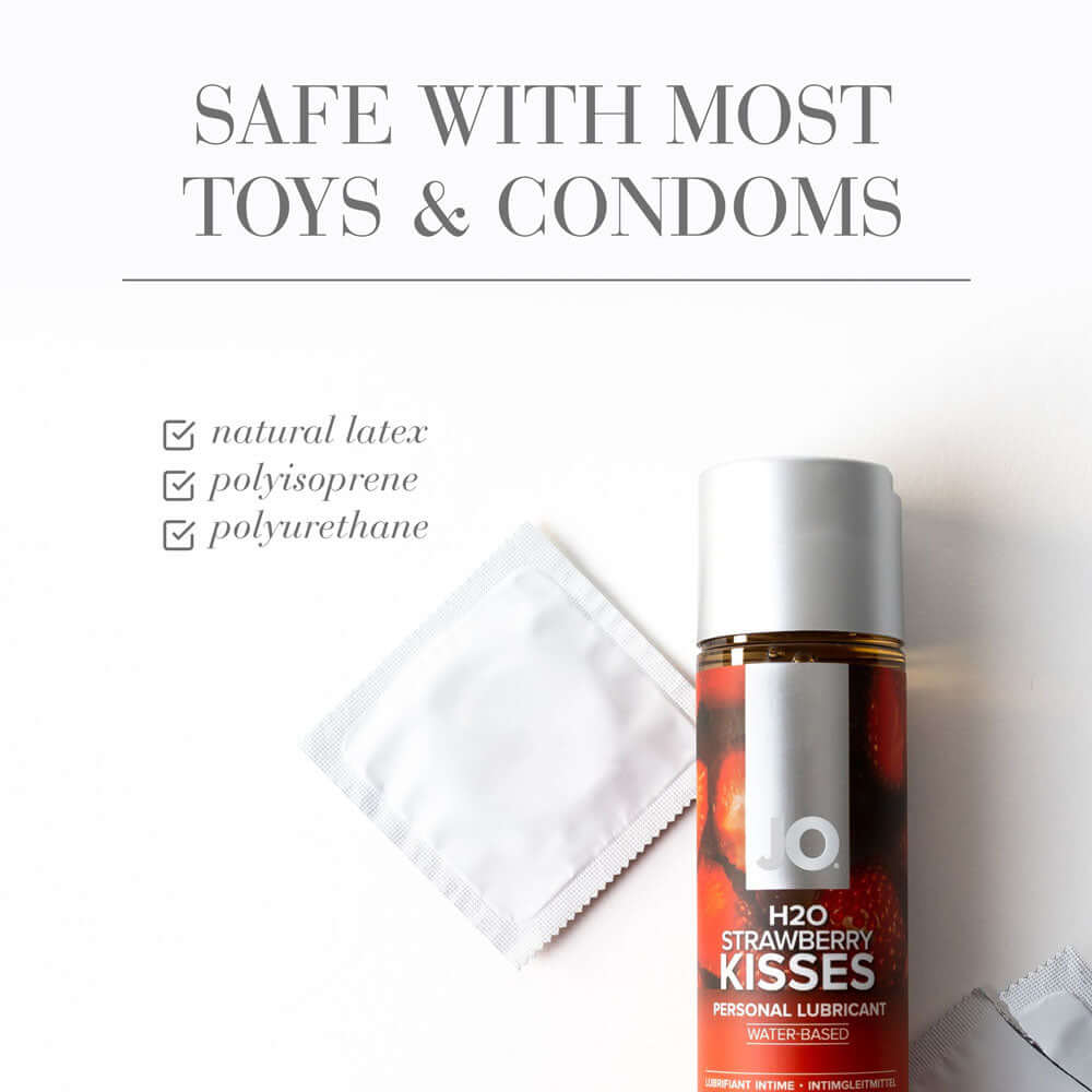 JO H2O Strawberry Kisses Lube bottle with condom, showcasing strawberry flavored lubricant safety with toys.