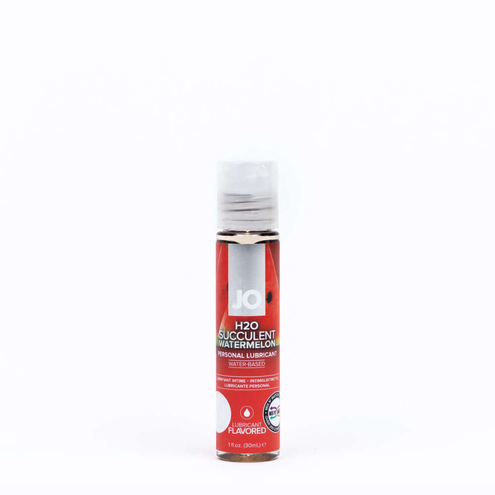 JO H2O Succulent Watermelon Lube, 30 mL, watermelon flavored lubricant in a sleek bottle.