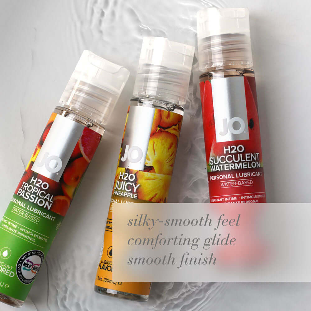 JO H2O Succulent Watermelon Lube and other flavors in bottles with silky-smooth feel and comforting glide.