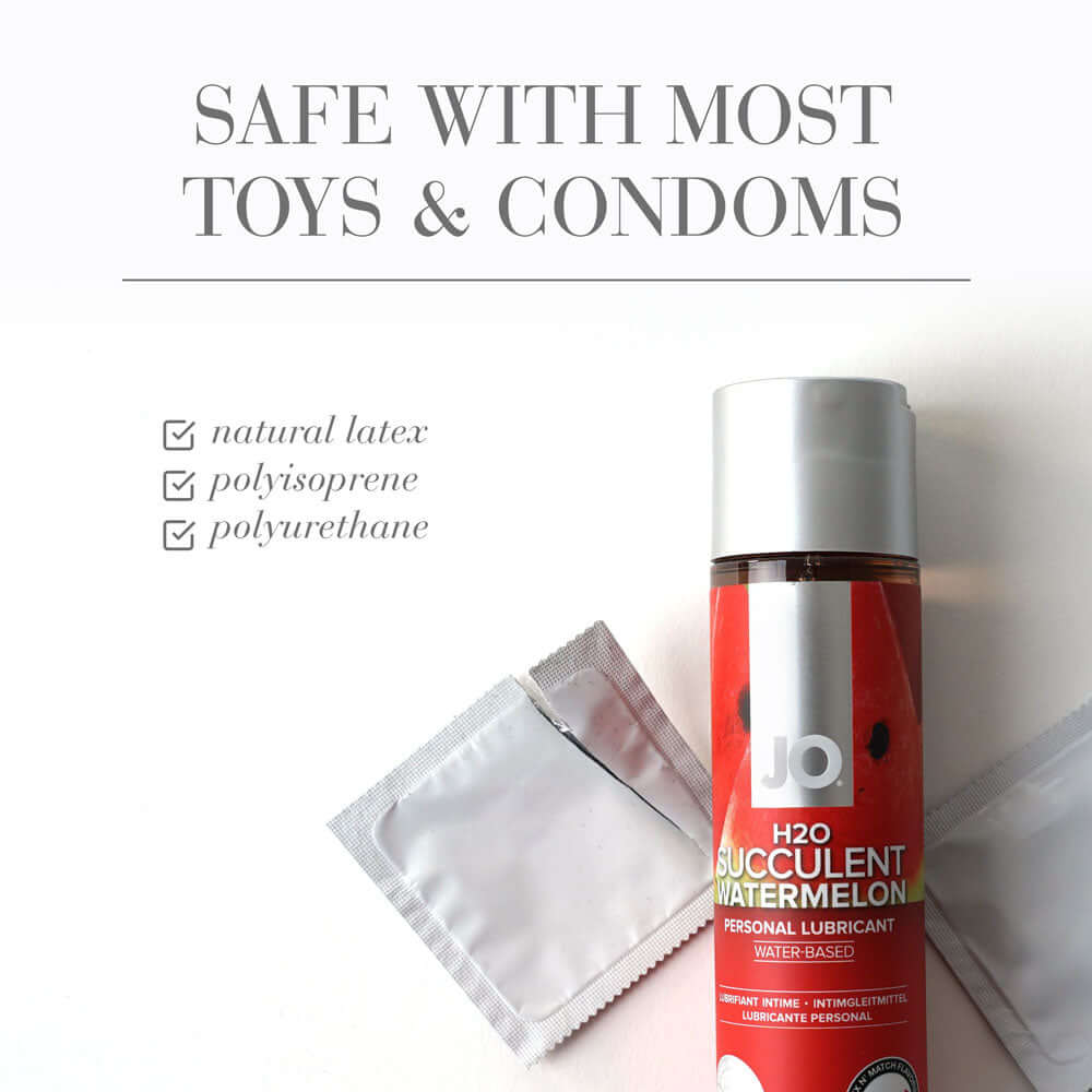 JO H2O Succulent Watermelon Lube bottle with safe toys and condoms information, highlighting watermelon flavored lubricant.