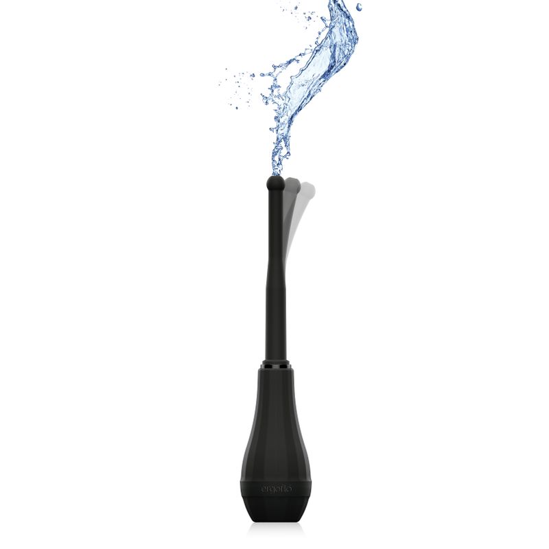 Ergoflo anal douche with contoured bulb and silicone flex-tip nozzle, demonstrating water flow.