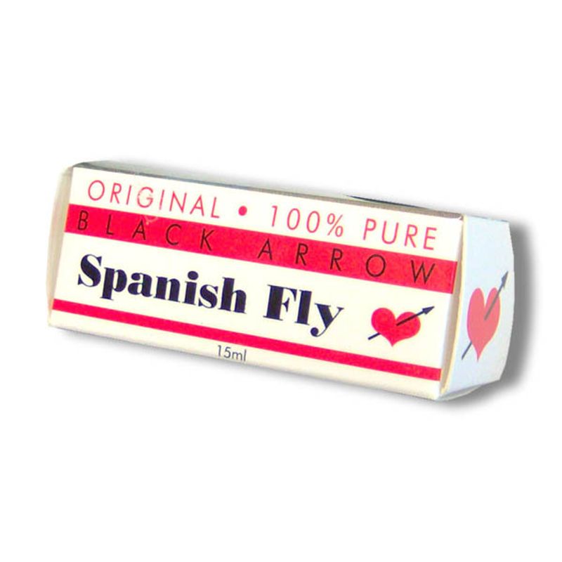Original Black Arrow Spanish Fly bottle packaging for enhancing libido and intimacy.