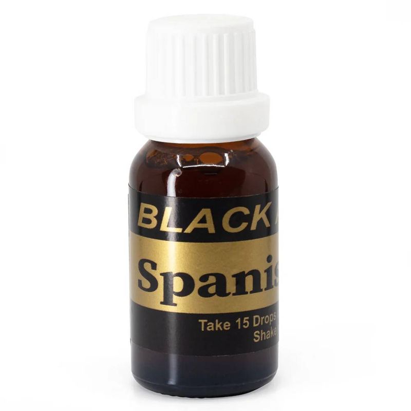 Bottle of Original Black Arrow Spanish Fly aphrodisiac love drops for enhancing libido.