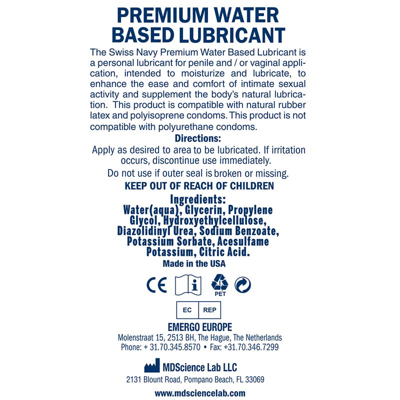 Swiss Navy Premium Water Based Lubricant label featuring ingredients and usage directions for safe application.