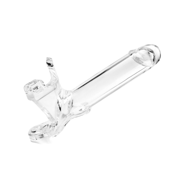 Clear hollow shaft strap on designed for comfortable wear without a harness, featuring a body-shaped molded design.