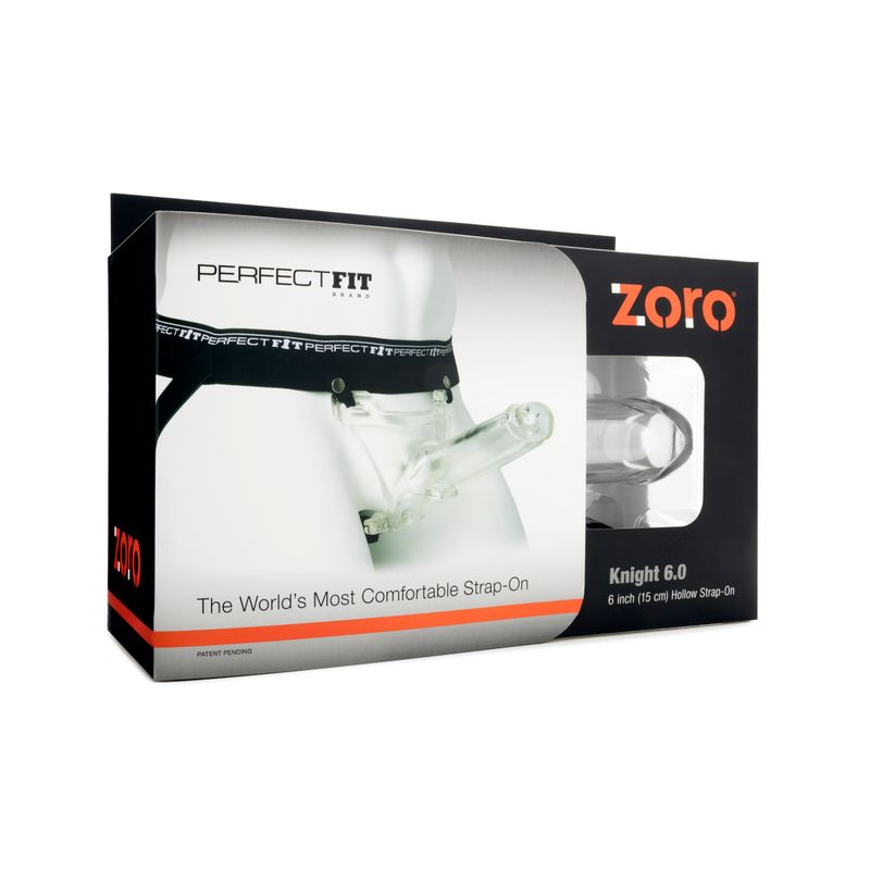 Zoro Knight 6in Hollow Shaft Strap On packaging showcasing the world's most comfortable design.