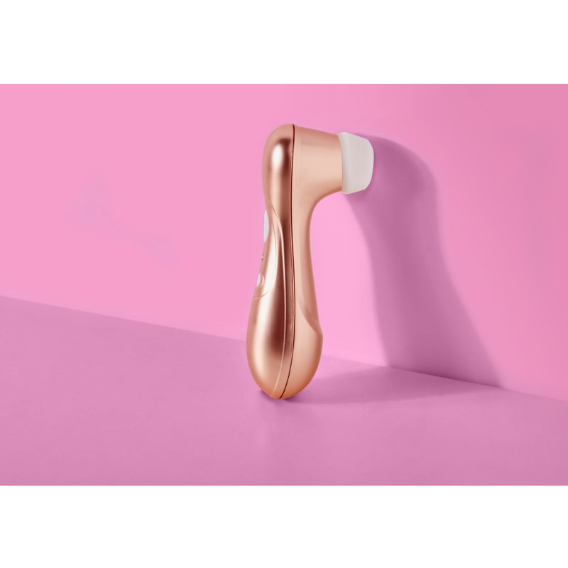 Satisfyer Pro 2 G2 Air Pulse Clitoral Stimulator Rose Gold on a pink background for intimate essentials for her.