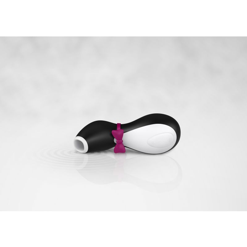 Satisfyer Pro Penguin vibrator featuring a curved design and distinctive bow detail, perfect for solo play.