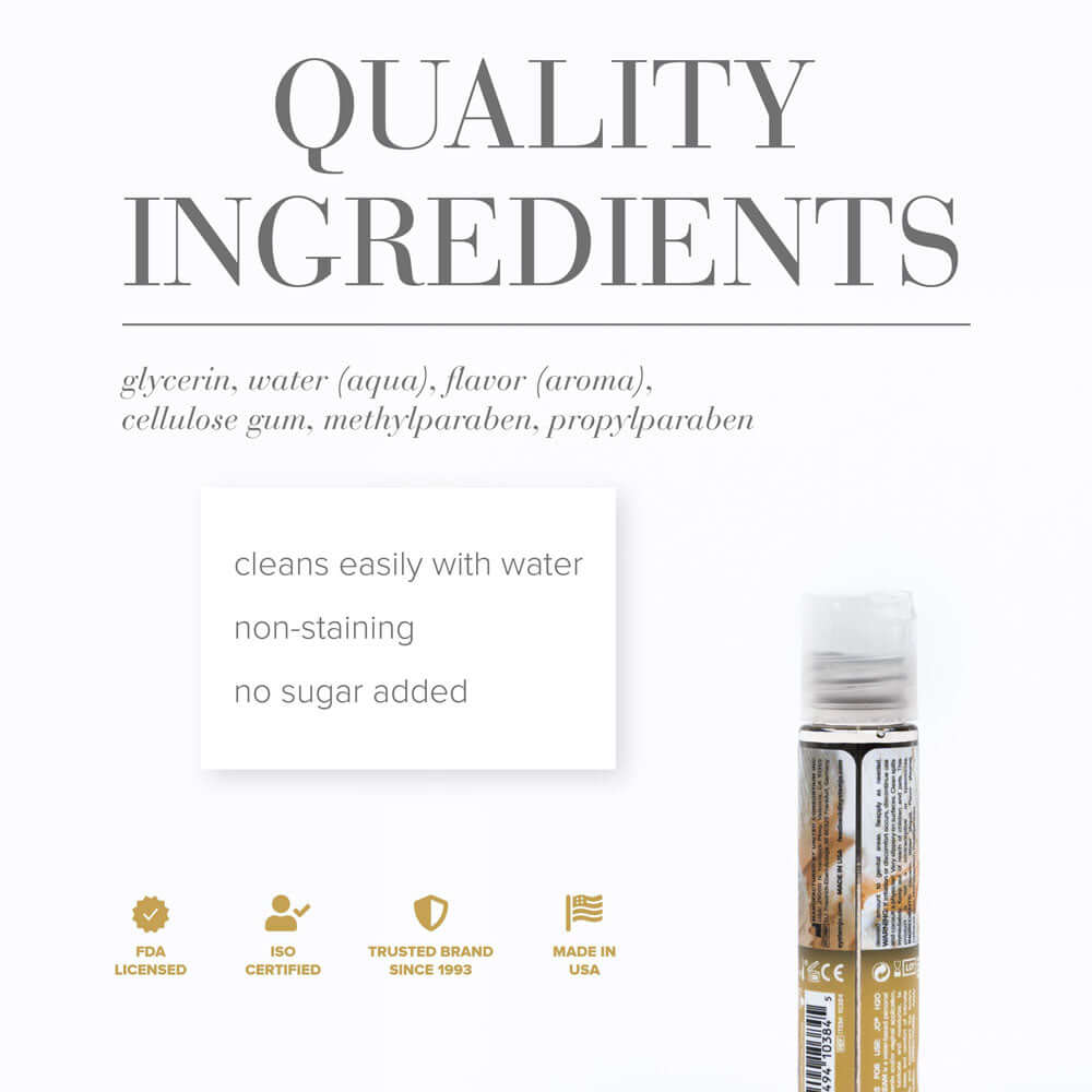 Ingredients of JO H2O Vanilla Cream Lube highlighting quality components and benefits like non-staining and no sugar added.