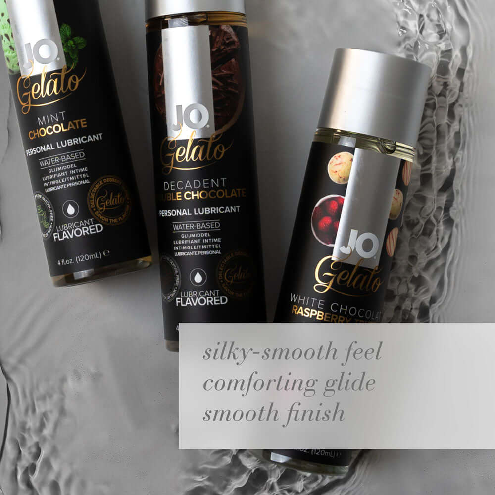 JO Gelato Decadent Double Chocolate Lubricant - chocolate flavored lubricant in stylish bottles.