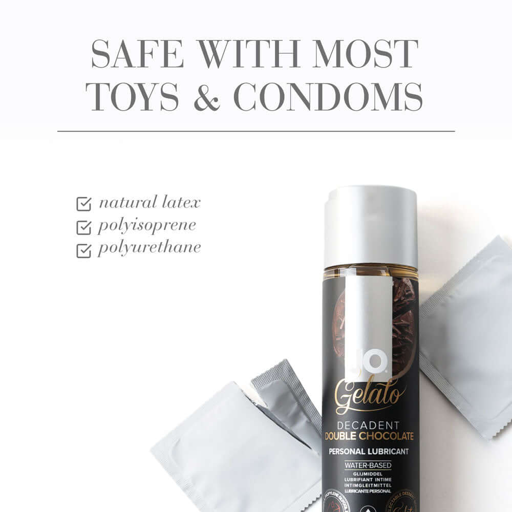 JO Gelato Decadent Double Chocolate lubricant safe with most toys and condoms, chocolate flavored lubricant.