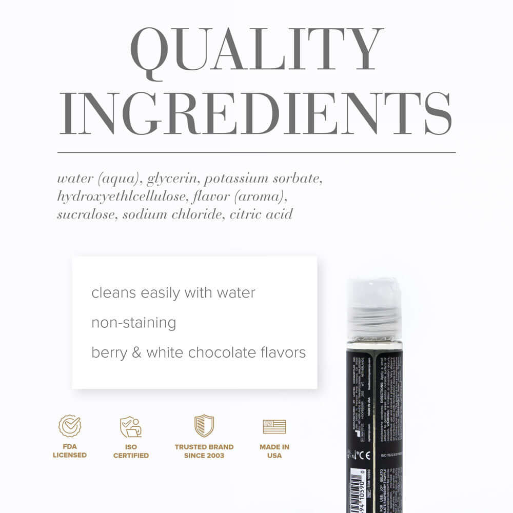 Quality ingredients list for JO Gelato White Chocolate Raspberry lubricant including berry & white chocolate flavors.