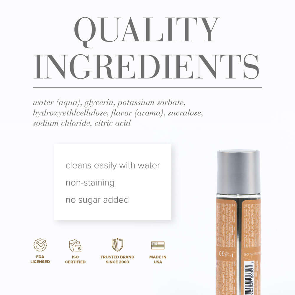 Quality ingredients for JO Candy Shop Butterscotch Lube, featuring water-based, sugar-free formula.