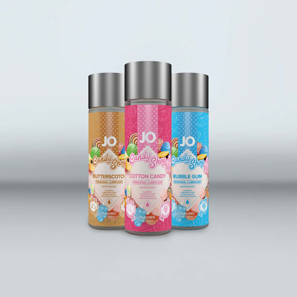 JO Candy Shop Cotton Candy Lube - 60 mL - Cotton Candy Flavoured Water Based Lubricant - 60 ml Bottle displayed with Butterscotch and Bubble Gum