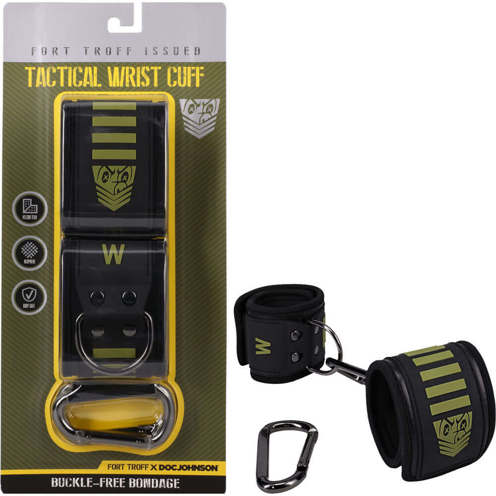 Fort Troff Tactical Wrist Cuffs in packaging, featuring buckle-free design, Velcro, and Neoprene lining - tactical bondage wrist cuffs.