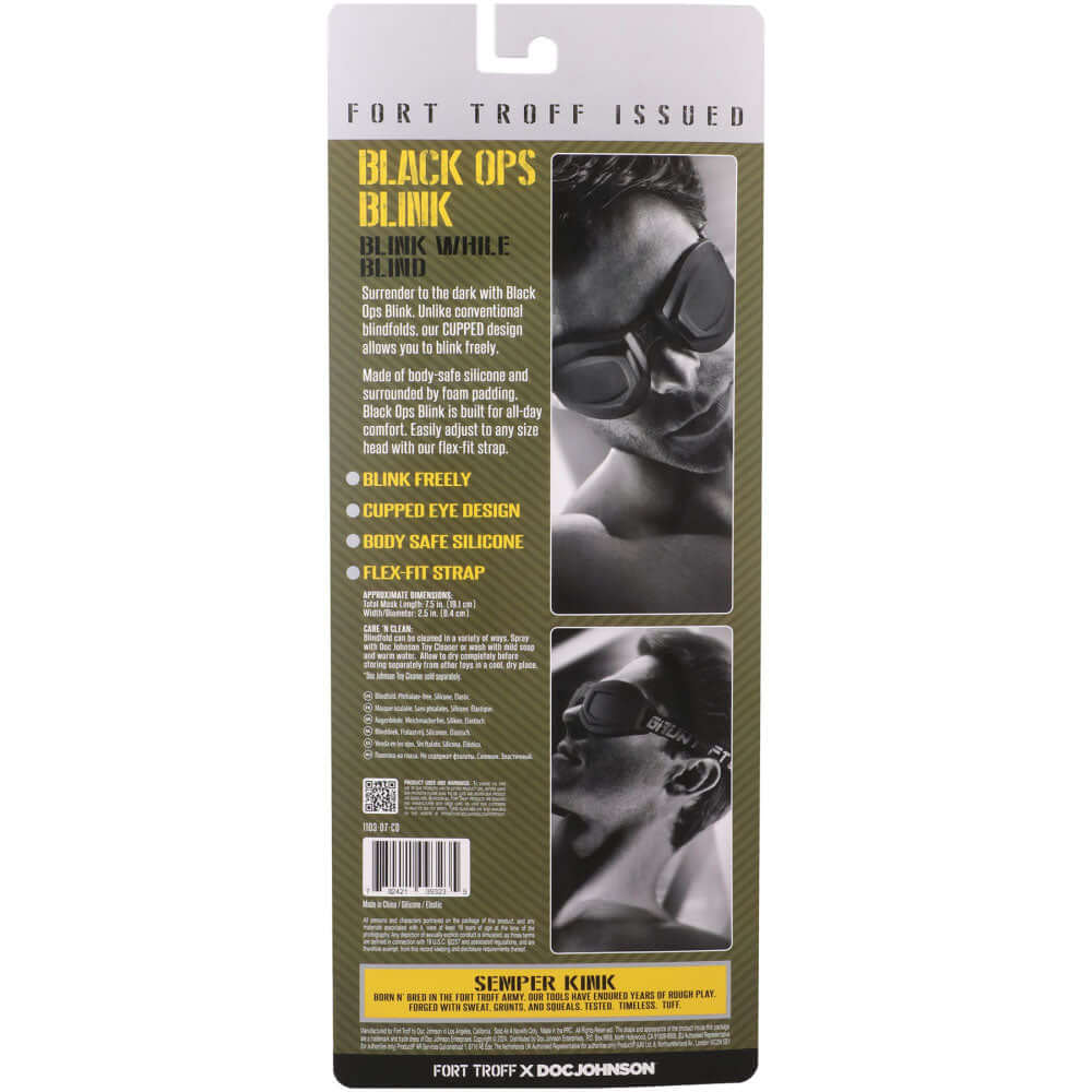 Fort Troff -  Ops Blink -  Eyemask Restraint packaging showcasing the cupped design and body-safe silicone features.