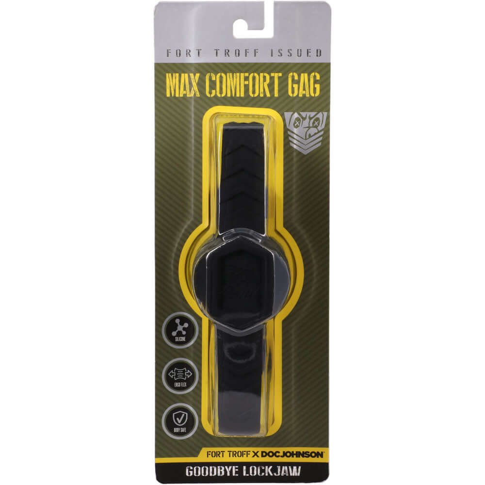 Fort Troff - Max Comfort Gag - Mouth Restraint packaging featuring black silicone and Flex-Fit strap for complete comfort.