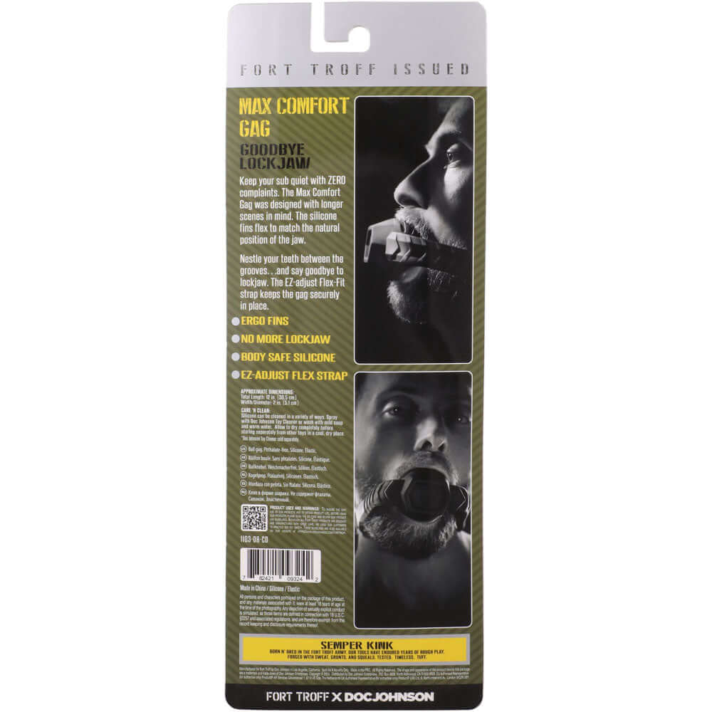 Fort Troff - Max Comfort Gag - Mouth Restraint packaging showcasing design features and product benefits.