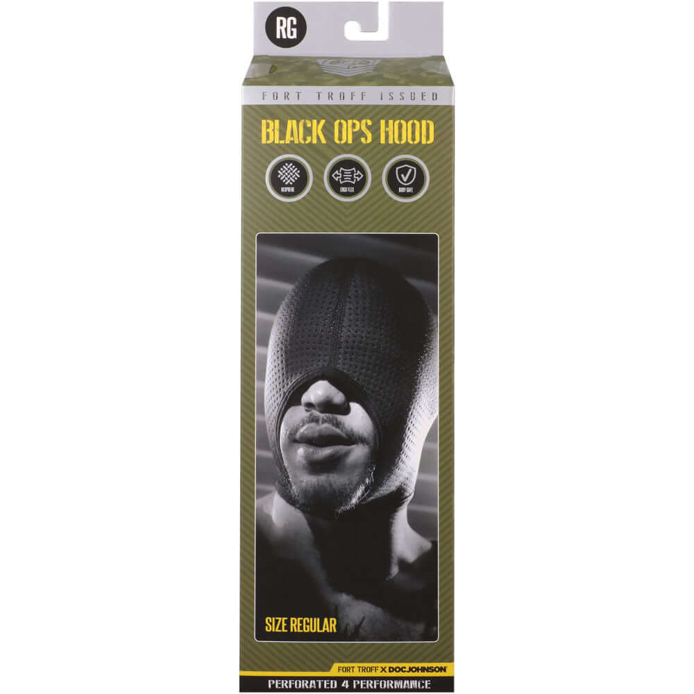 Fort Troff Ops Hood Regular packaging, featuring a model wearing a perforated neoprene performance hood.