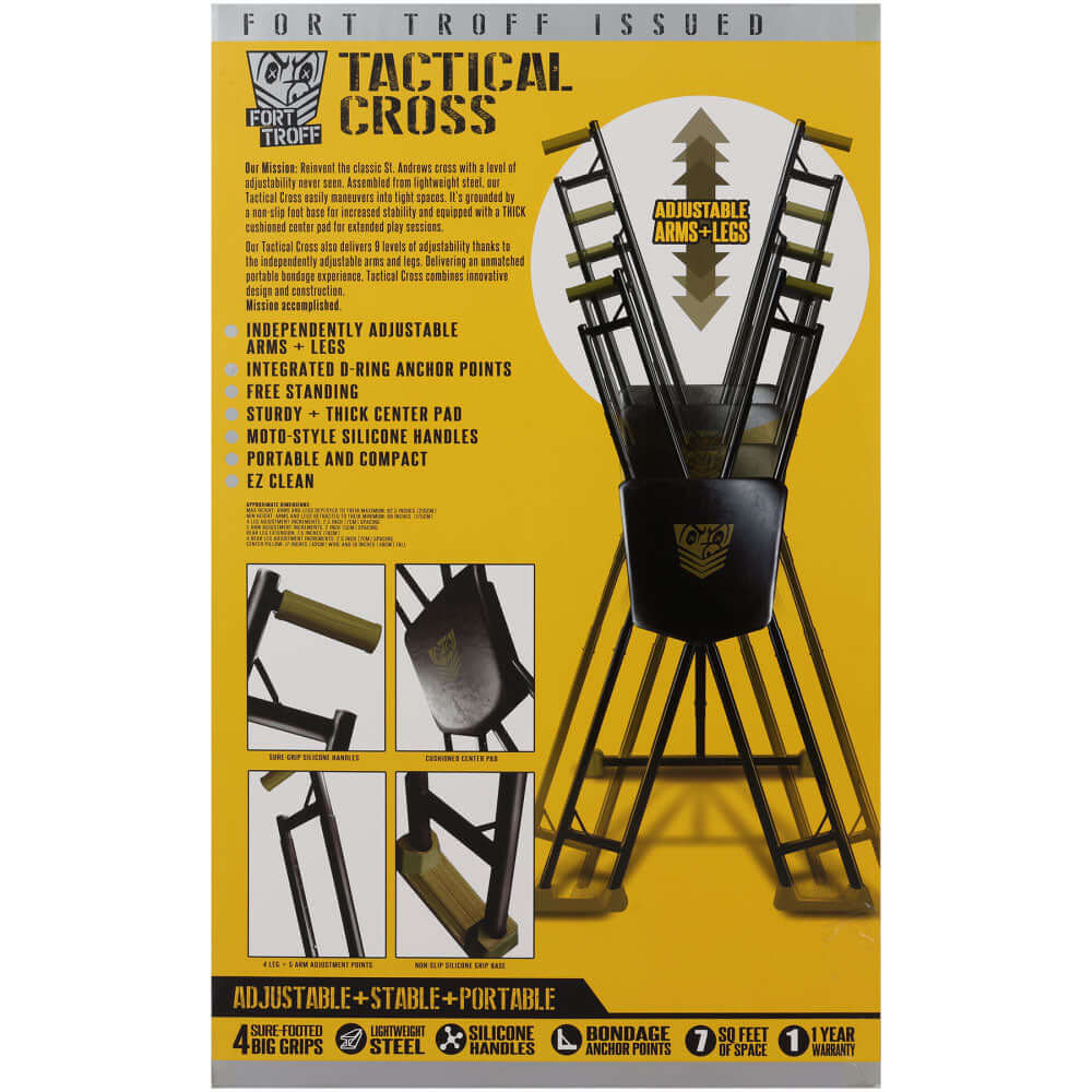 Fort Troff Tactical Cross image showcasing the adjustable tactical cross restraint with features highlighted.