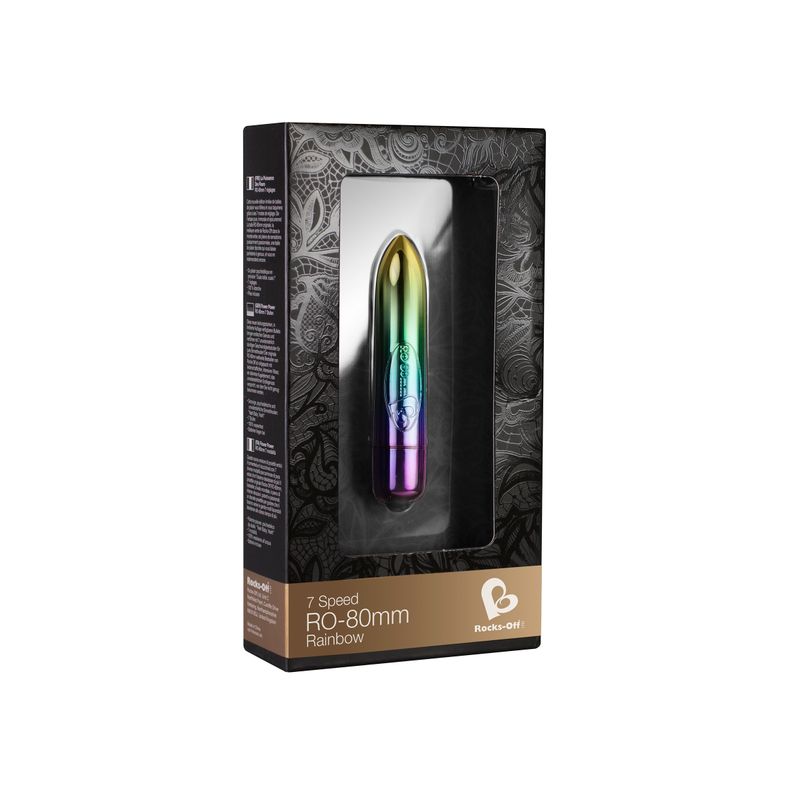 Packaging of the RO-80mm 7 Speed Rainbow Vibrating Bullet by Rocks-Off, showcasing its vibrant design and features.
