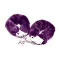 Fluffy purple handcuffs with sturdy metal and soft fur for enhanced comfort and safety during use.