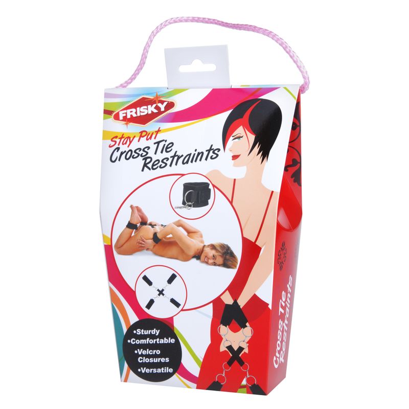 Stay Put Cross Tie Restraints packaging featuring sturdy and comfortable design for cross tie restraints for sensual play.