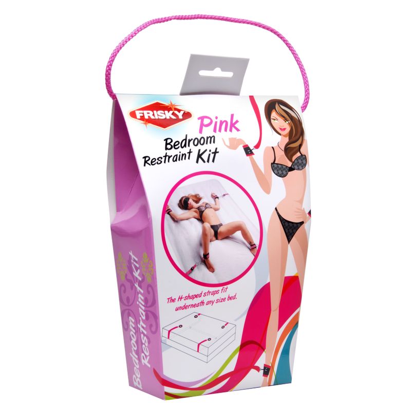 Frisky Pink Bedroom Restraint Kit packaging featuring H-shaped straps and cuffs for secure restraint.