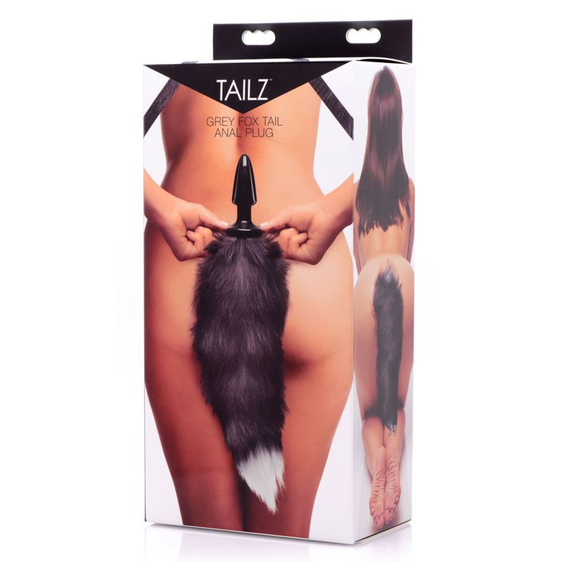 Fox Tail Anal Plug Grey packaging showcasing the anal plug with a long fox tail, perfect for intimate essentials for her.