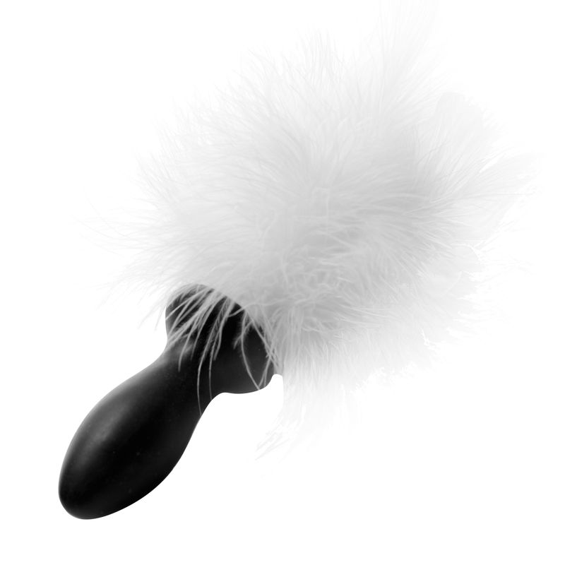 White Bunny Tail Anal Plug featuring a fluffy white tail and black ergonomic base for comfort and style.