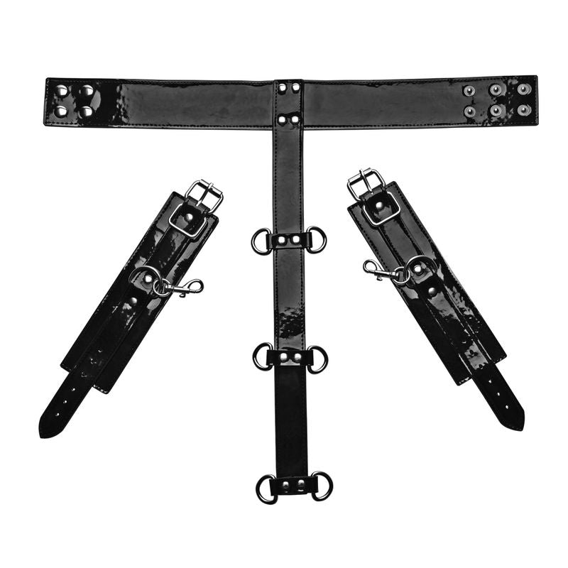 Adjustable neck and wrist restraints in sleek black, featuring removable cuffs and multiple D-ring attachment points.