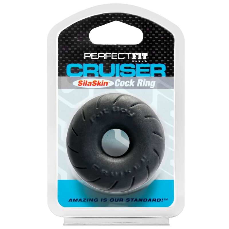 Cruiser Ring 2.5in SilaSkin Black cock ring packaging, perfect fit, intimate essentials, sexy toys for men.