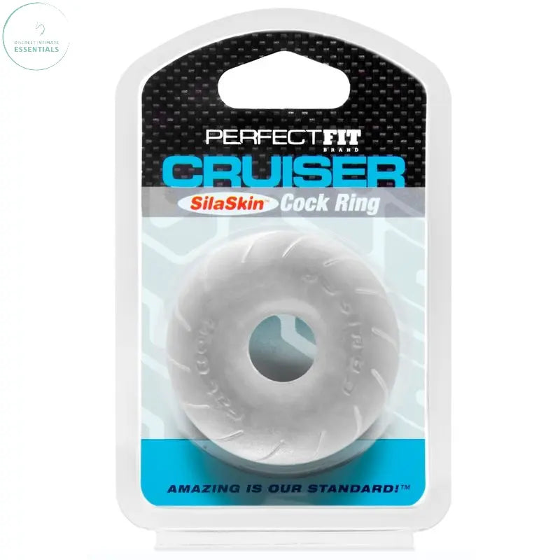 Cruiser Cock Ring by Perfect Fit, featuring clear SilaSkin material, packaged for display.