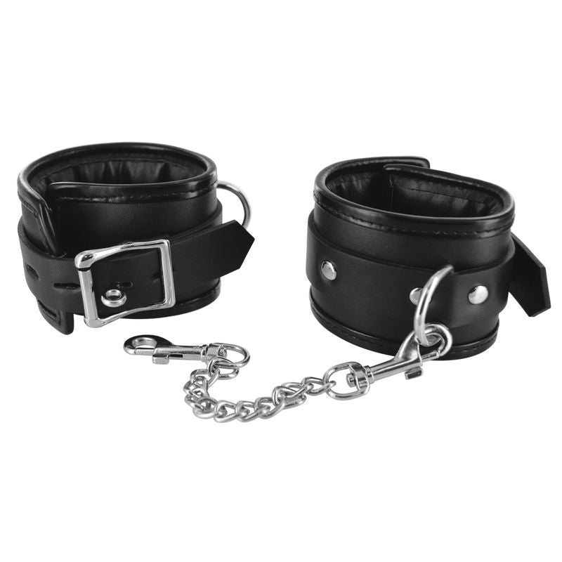 Locking Padded Wrist Cuffs with Chain for bondage play, featuring a comfortable padded interior and a secure locking mechanism.