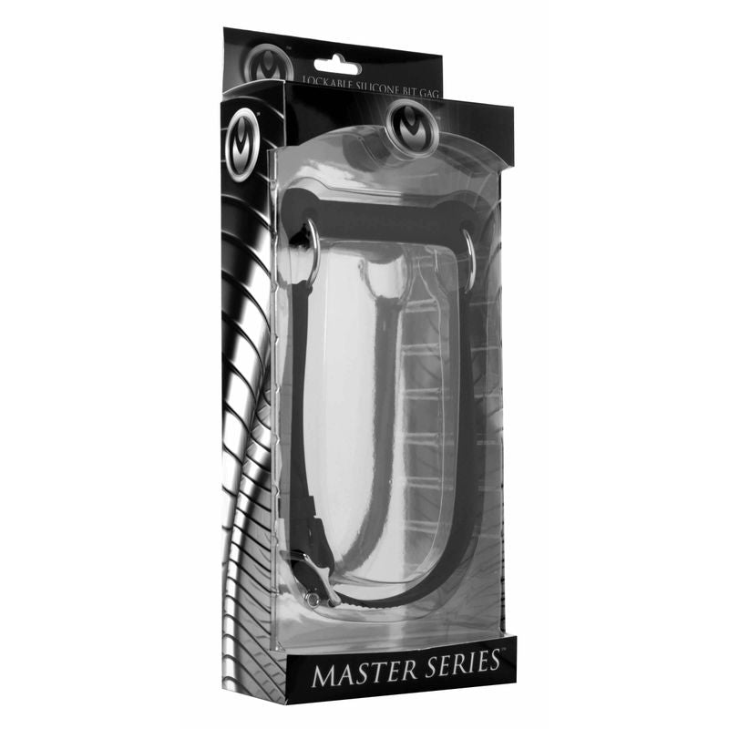 Mr Ed Locking Silicone Bit Gag packaging highlighting flexible silicone design and adjustable straps.