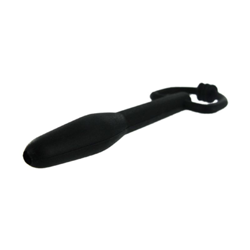 The Hallows Cum-Thru D-Ring Penis Plug for urethral play, flexible black silicone, ideal for intimate essentials.