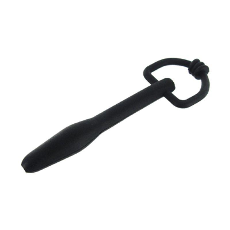 The Hallows Cum-Thru D-Ring Penis Plug, sexy black urethral play plug with flexible silicone and D-ring for easy retrieval.