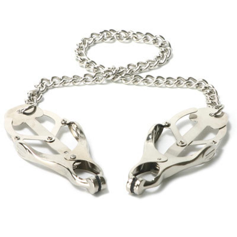 Sterling Monarch nipple clamps connected by a chain, designed for adjustable pressure and heightened sensation.