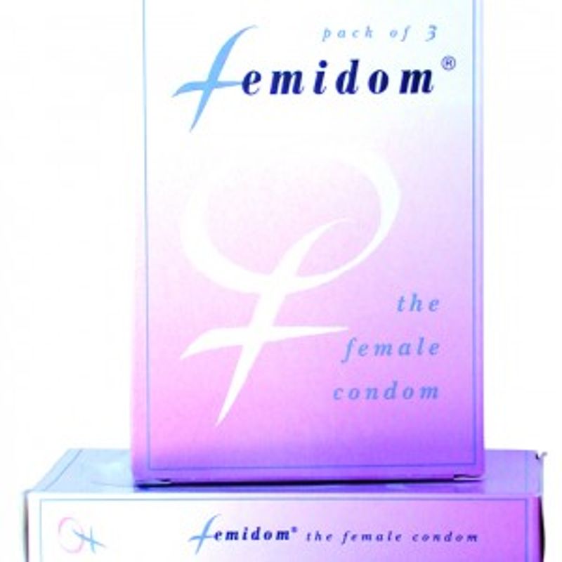 Femidom pack of 3 female condoms for contraception in a colorful box design.