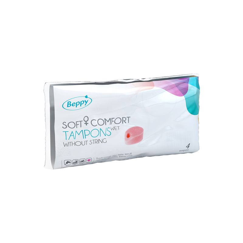 Beppy wet cordless sponges packaging showing 4 pcs of Soft+Comfort Wet tampons without string.