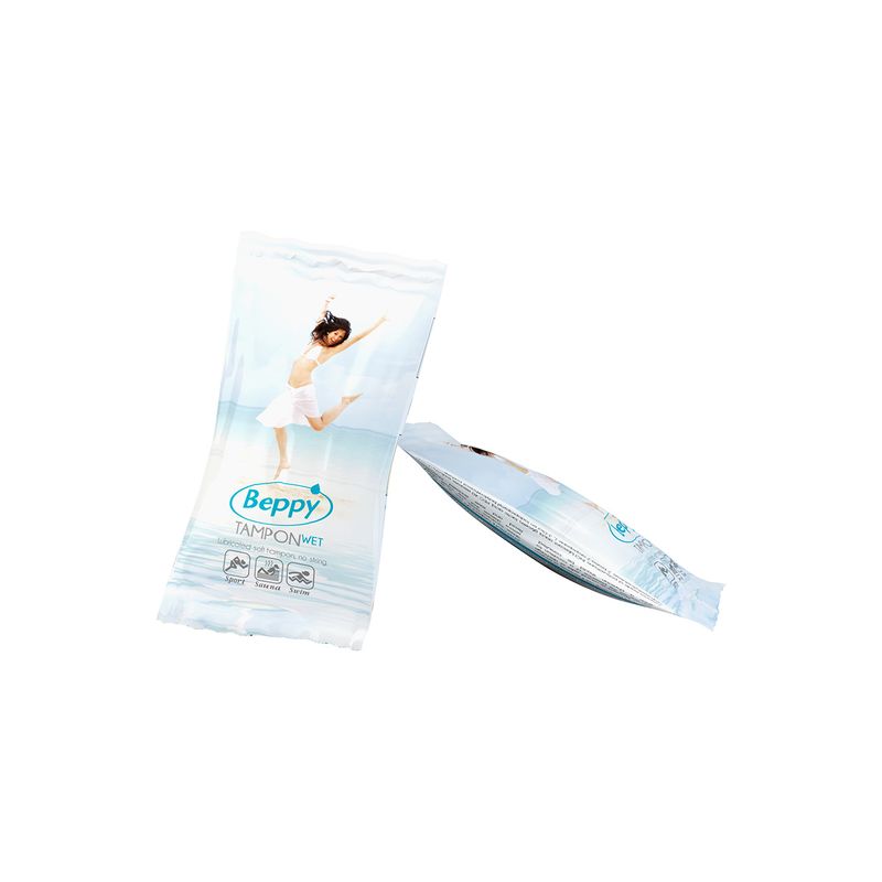 Beppy wet cordless sponges packaging featuring a model, emphasizing comfort and discreet design.