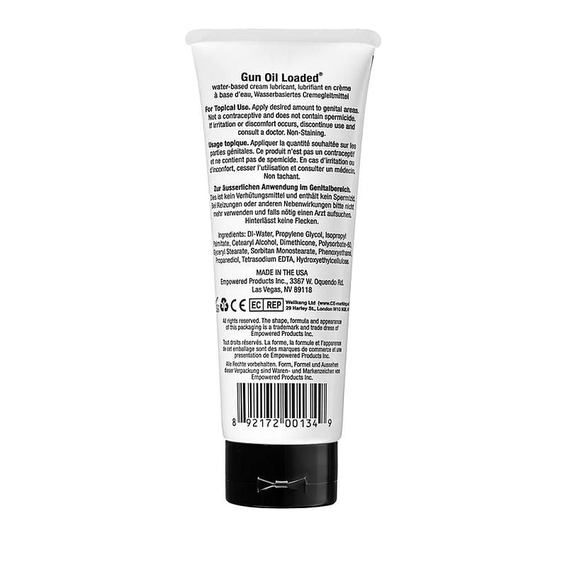 Back view of Gun Oil Loaded 3.3oz/100ml Tube showcasing ingredients and usage instructions.